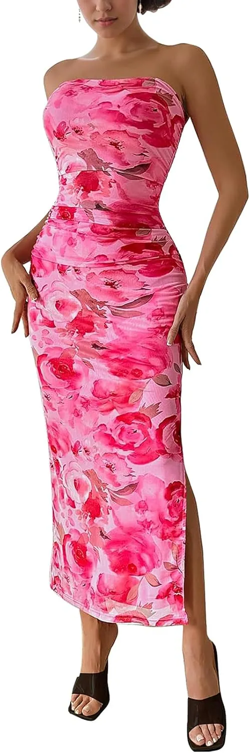 Women's Tube Top Maxi Dresses Printed Tie Dye Strapless Bodycon Long Dress Split Side Sleeveless Party Elegant Outfits