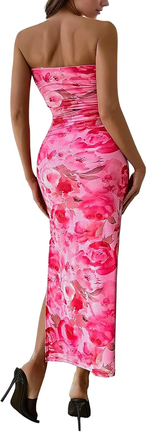 Women's Tube Top Maxi Dresses Printed Tie Dye Strapless Bodycon Long Dress Split Side Sleeveless Party Elegant Outfits