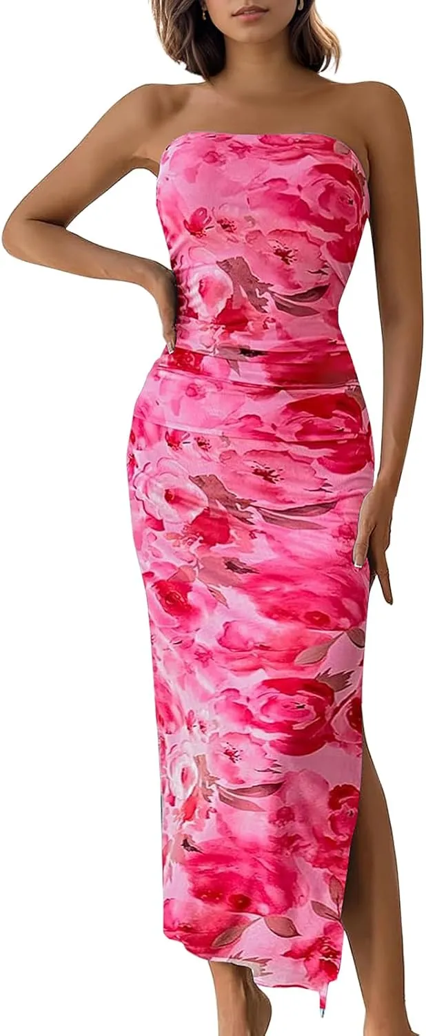 Women's Tube Top Maxi Dresses Printed Tie Dye Strapless Bodycon Long Dress Split Side Sleeveless Party Elegant Outfits