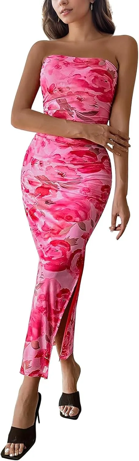 Women's Tube Top Maxi Dresses Printed Tie Dye Strapless Bodycon Long Dress Split Side Sleeveless Party Elegant Outfits