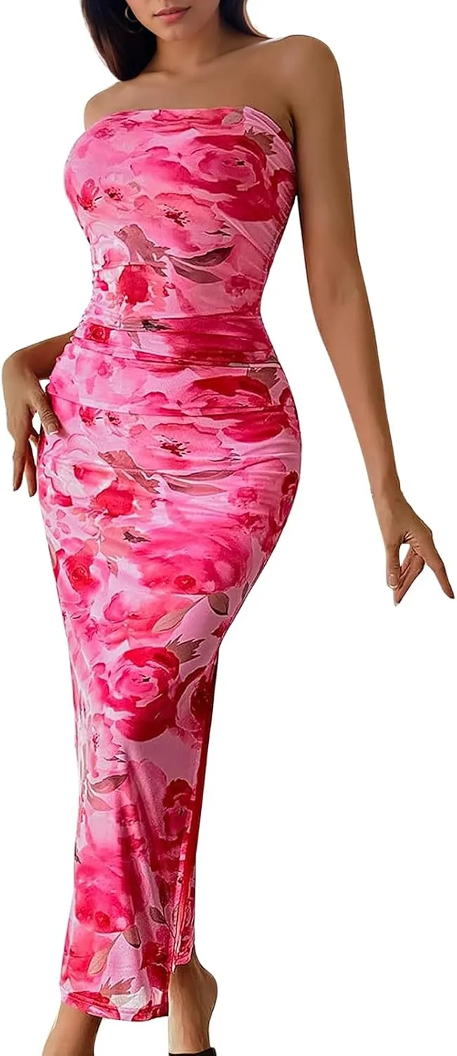 Women's Tube Top Maxi Dresses Printed Tie Dye Strapless Bodycon Long Dress Split Side Sleeveless Party Elegant Outfits