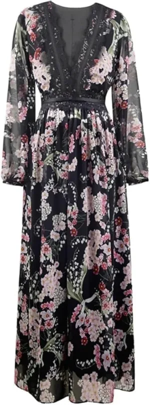 Women's Vintage Casual Print Maxi Dress V-Neck Lace Panel High Waist Slim Fit Holiday Party Dresses