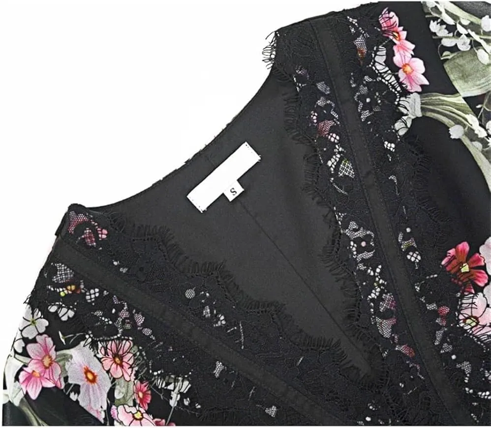 Women's Vintage Casual Print Maxi Dress V-Neck Lace Panel High Waist Slim Fit Holiday Party Dresses