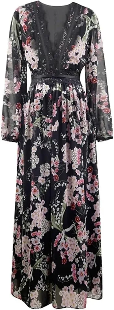 Women's Vintage Casual Print Maxi Dress V-Neck Lace Panel High Waist Slim Fit Holiday Party Dresses
