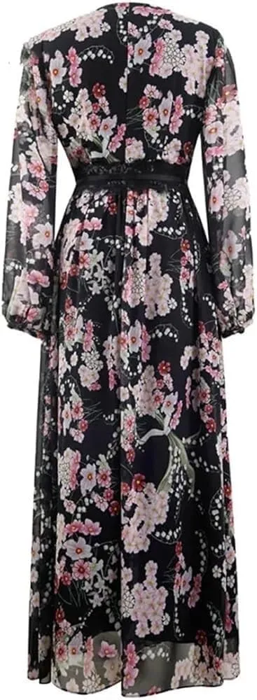 Women's Vintage Casual Print Maxi Dress V-Neck Lace Panel High Waist Slim Fit Holiday Party Dresses