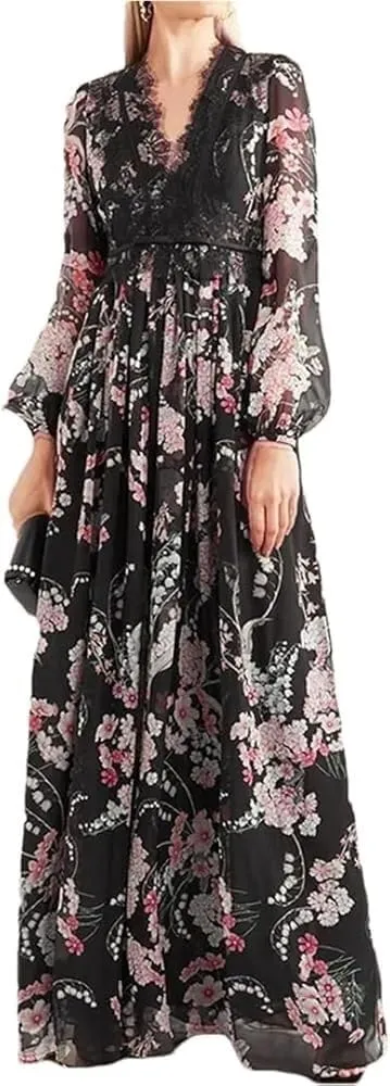 Women's Vintage Casual Print Maxi Dress V-Neck Lace Panel High Waist Slim Fit Holiday Party Dresses