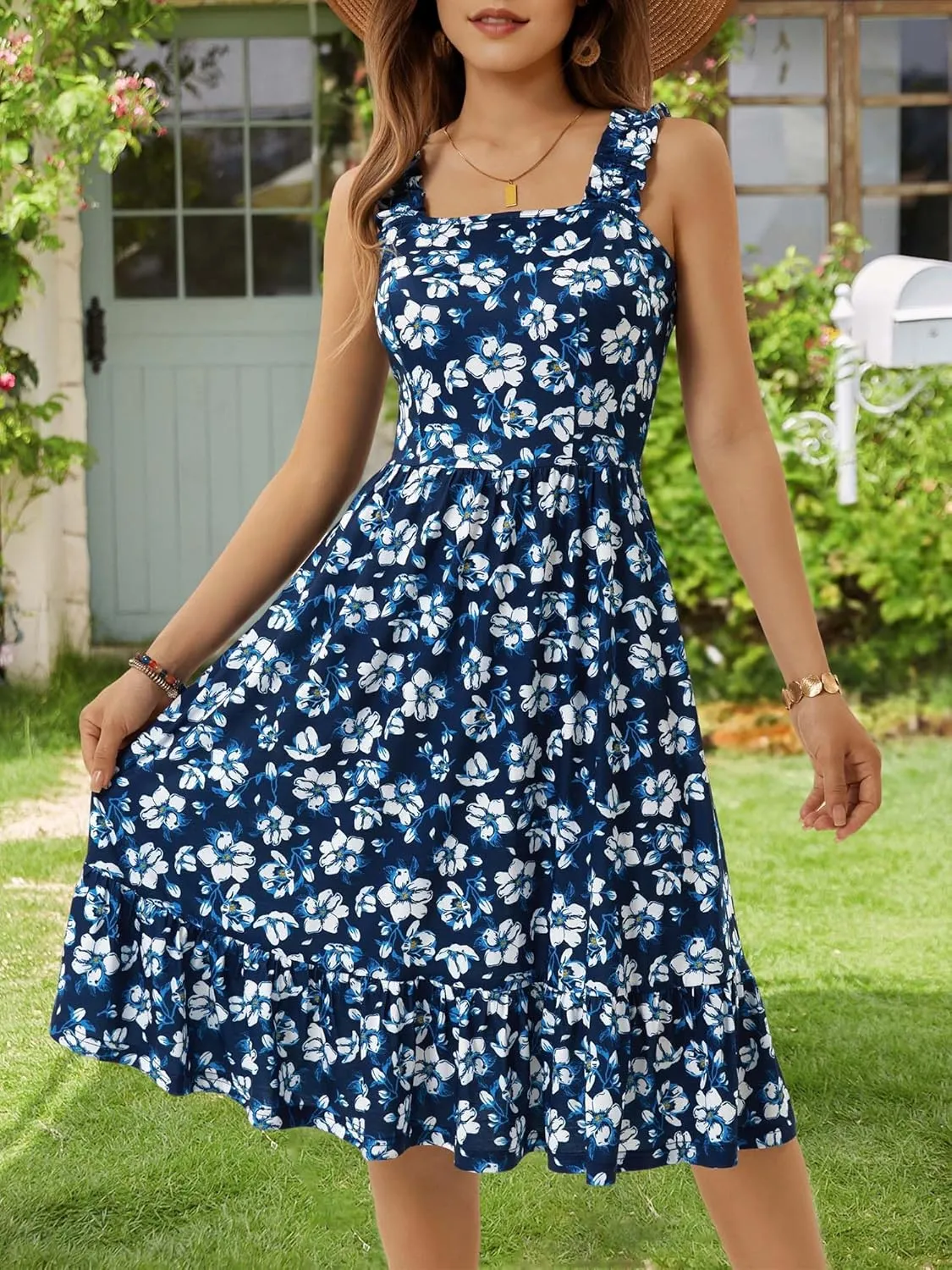 ZABERRY Womens Summer Midi Dress 2025 Elastic Straps Square Neck Cute Floral Flowy A-line Sundresses for Women