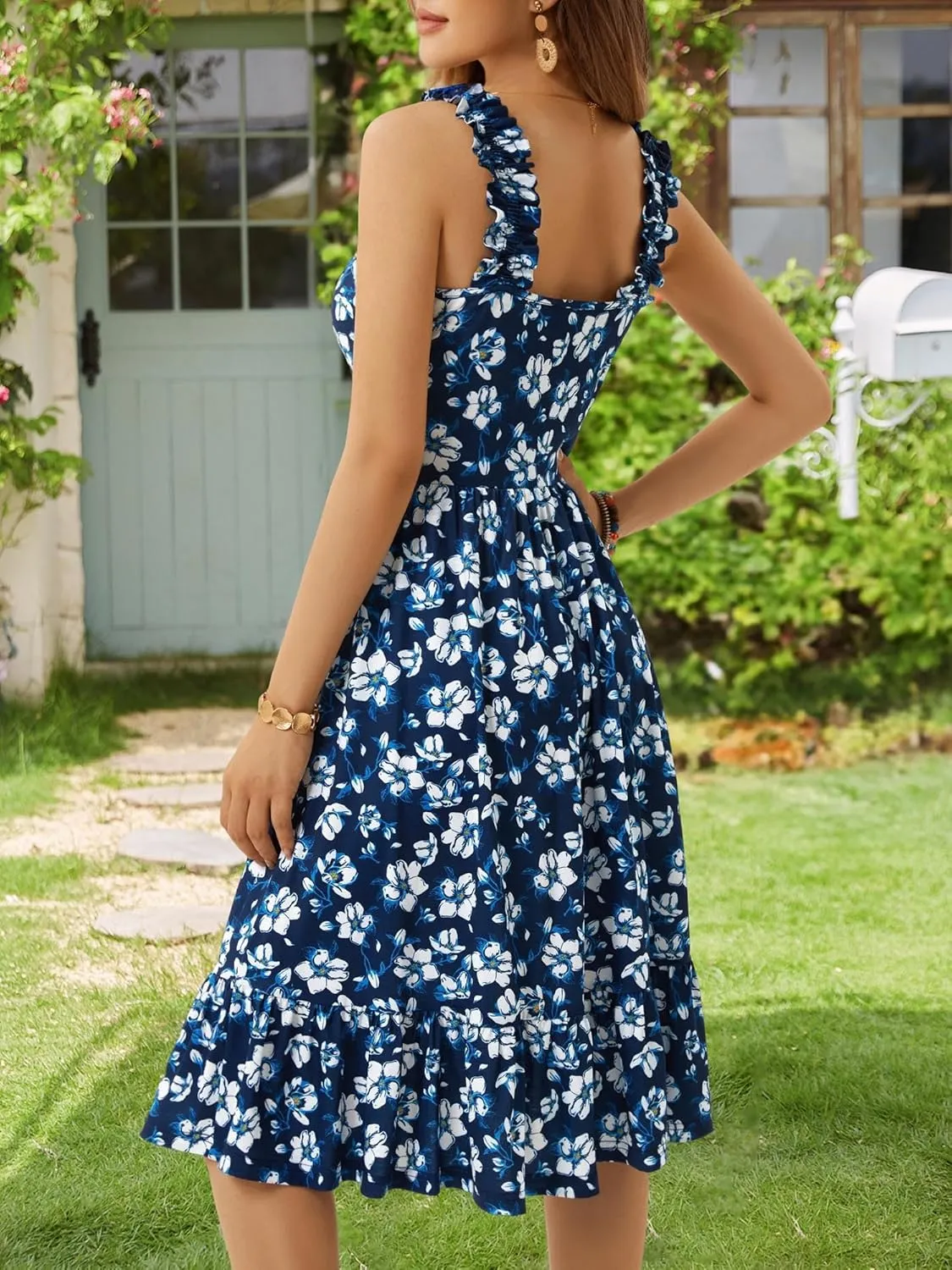 ZABERRY Womens Summer Midi Dress 2025 Elastic Straps Square Neck Cute Floral Flowy A-line Sundresses for Women