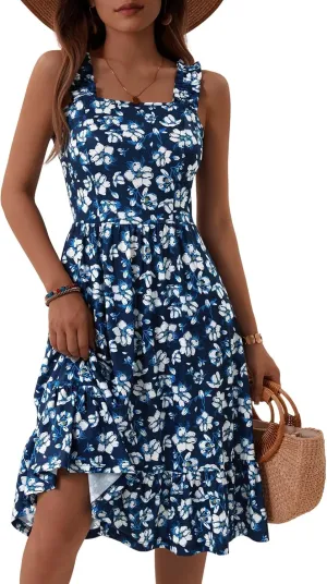 ZABERRY Womens Summer Midi Dress 2025 Elastic Straps Square Neck Cute Floral Flowy A-line Sundresses for Women