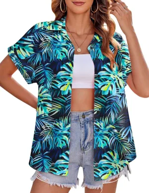 Zeagoo Women's Hawaiian Button Down Shirts Casual Short Sleeve Floral Tropical Print Summer Blouse Tunic Top