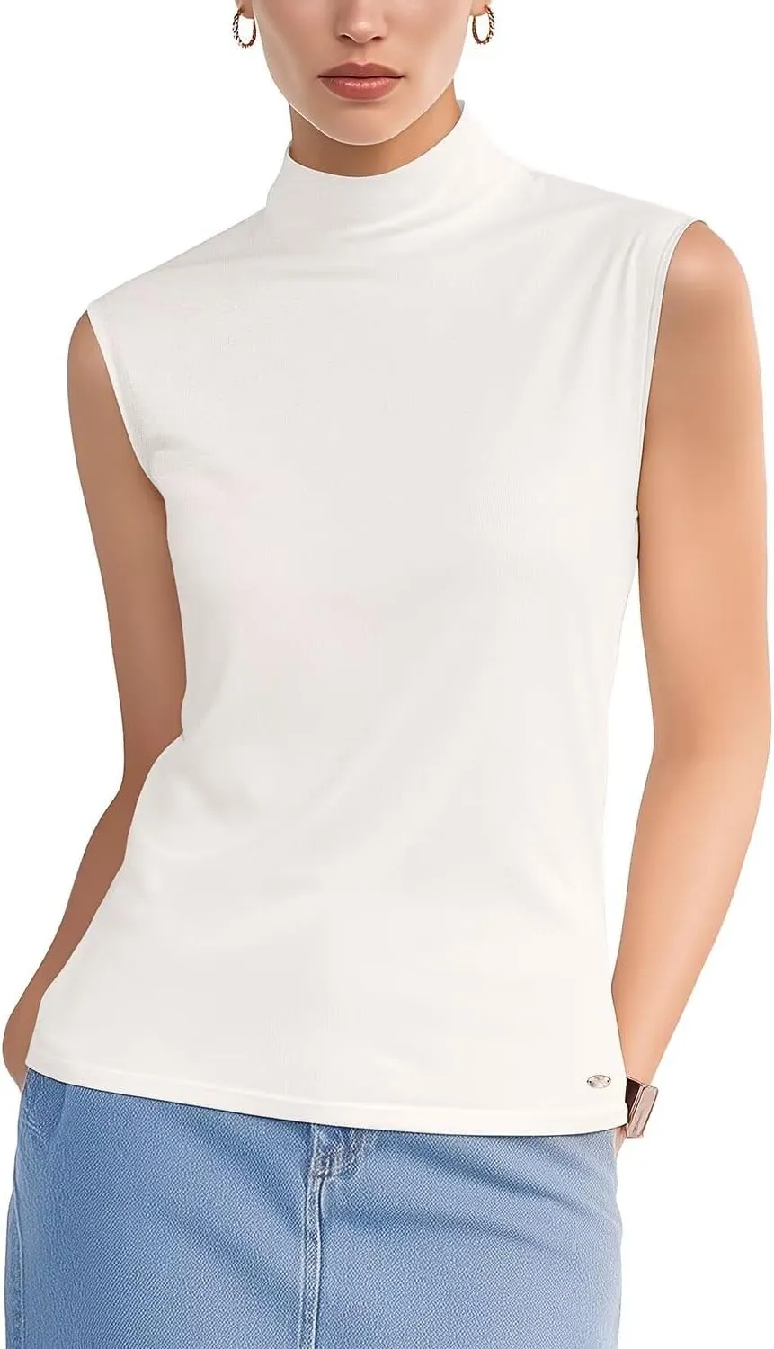 Zengjo Sleeveless Tops for Women - Mock Neck Fitted Tank Top, Ribbed Knit Layering Shirt for Work or Casual