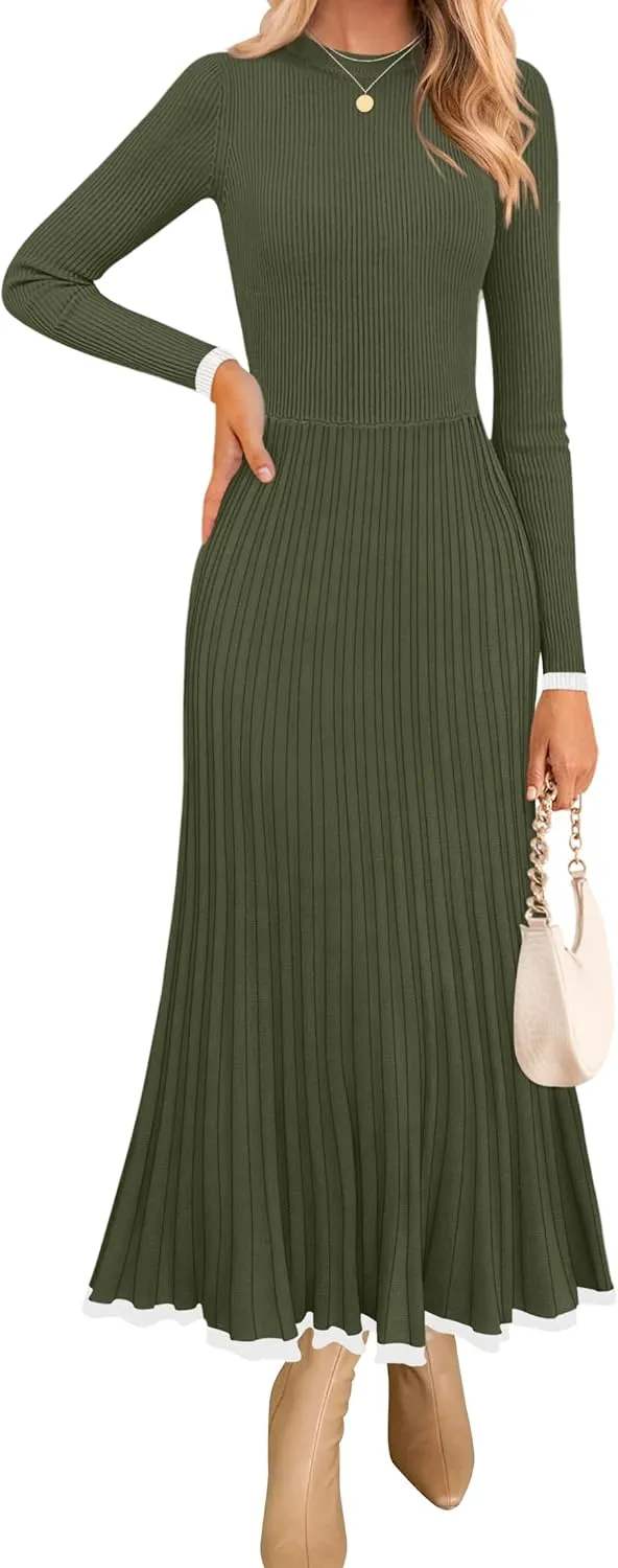 ZESICA Women's Long Sleeve Sweater Dress Fall Crewneck Ribbed Knit Pleated A-Line Maxi Wedding Guest Dresses