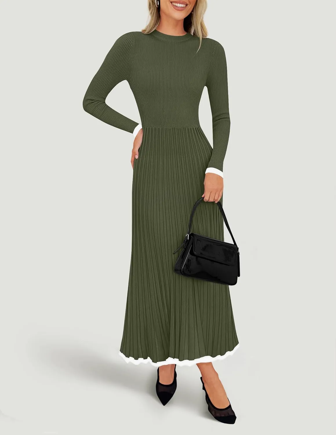 ZESICA Women's Long Sleeve Sweater Dress Fall Crewneck Ribbed Knit Pleated A-Line Maxi Wedding Guest Dresses
