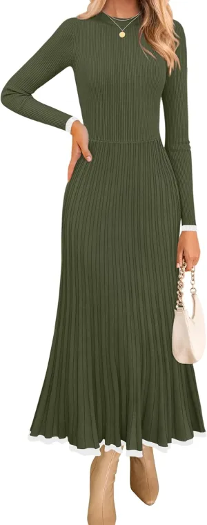 ZESICA Women's Long Sleeve Sweater Dress Fall Crewneck Ribbed Knit Pleated A-Line Maxi Wedding Guest Dresses