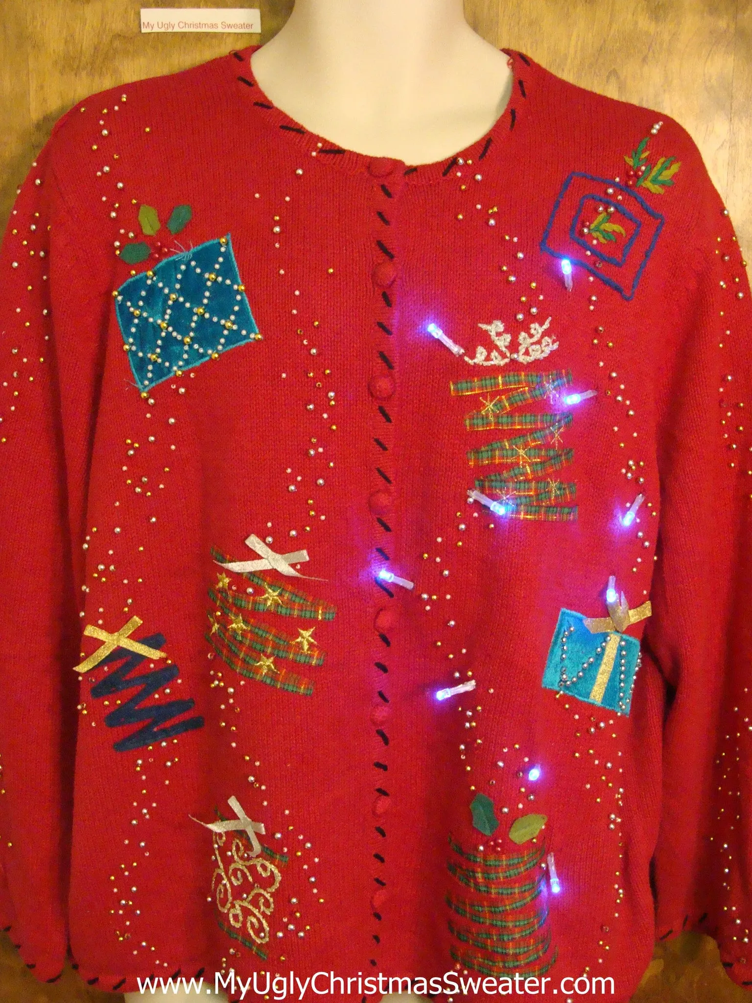 Zig Zag Plaid Gifts Light Up Ugly Xmas Sweater