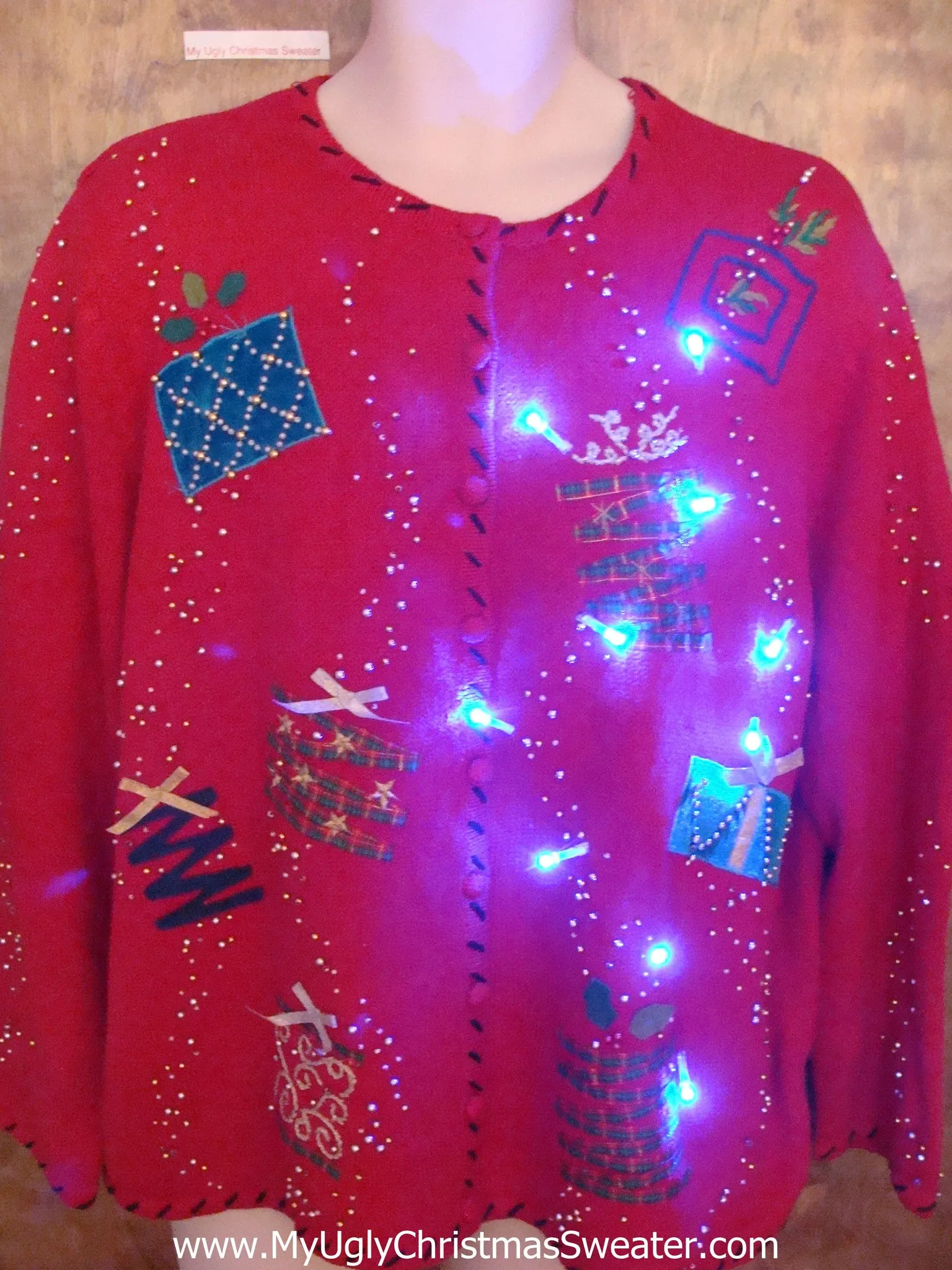 Zig Zag Plaid Gifts Light Up Ugly Xmas Sweater